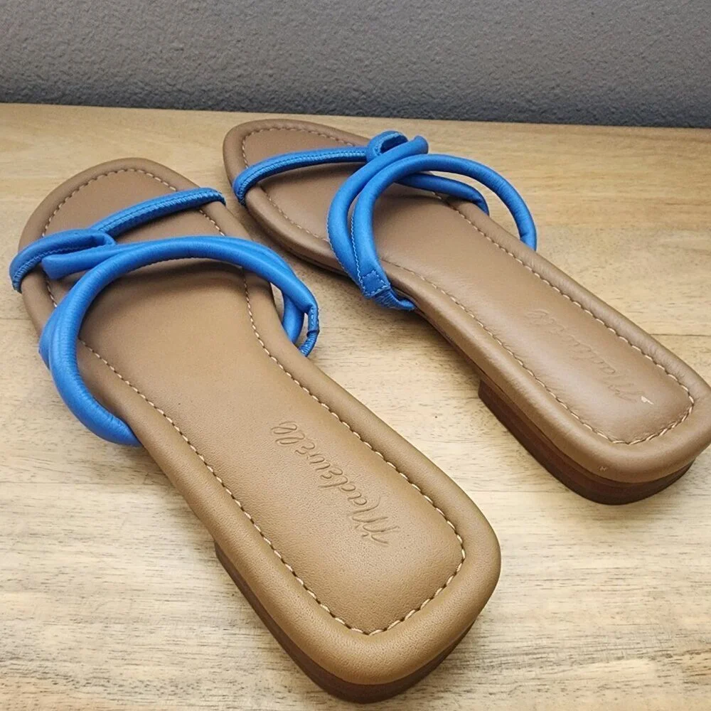 Madewell The Amel Slide Ornamental Blue Leather Sandals Womens Size 10